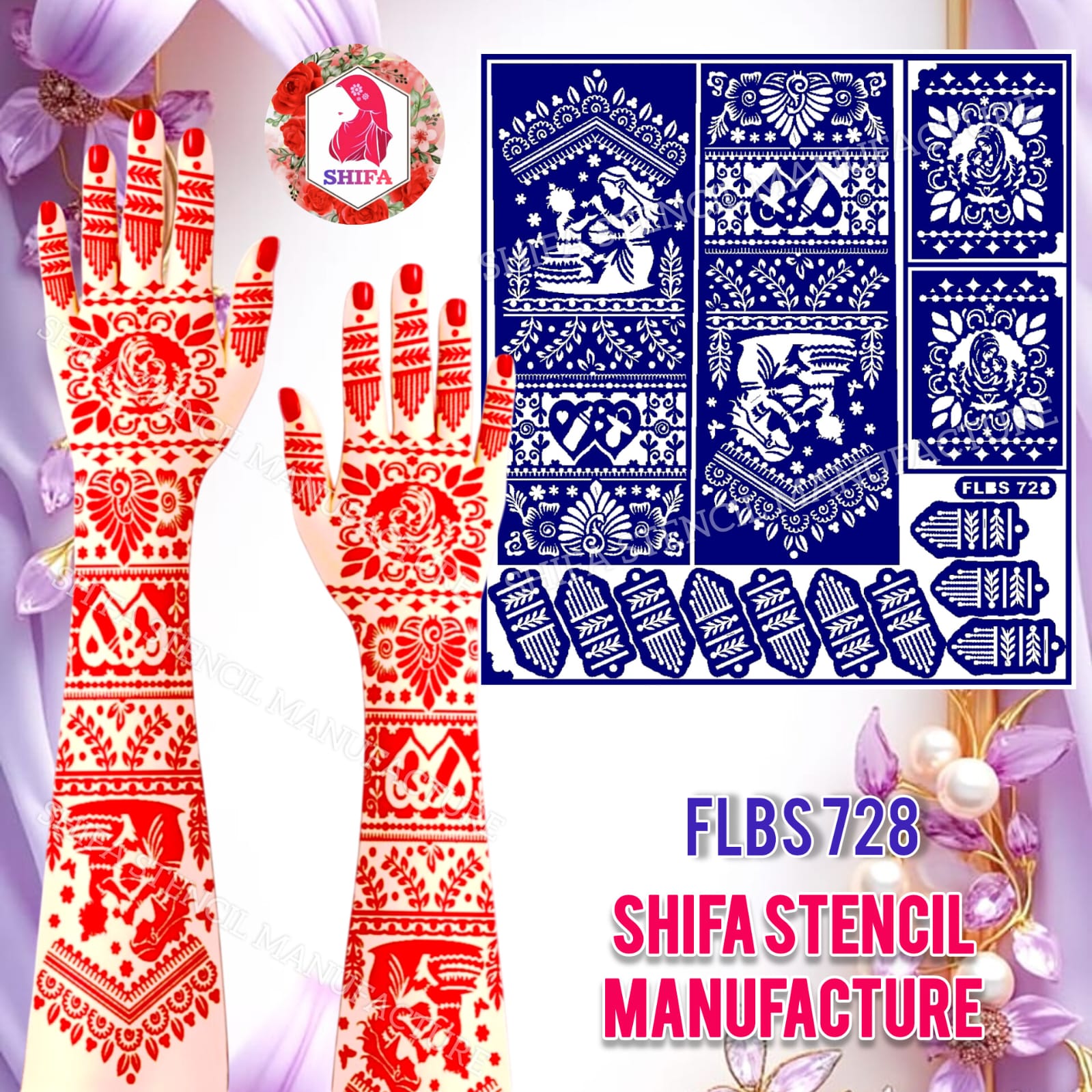 FLBS 728 Eternal Vows Rose Mehndi Sticker Overview Henna Stencil - Shifa Stencil
